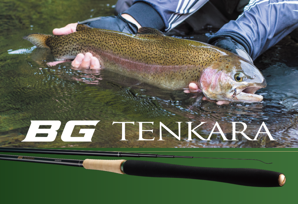 Text on photo reads BG TENKARA. Photo shows 22 inch trout and the rod's grip.