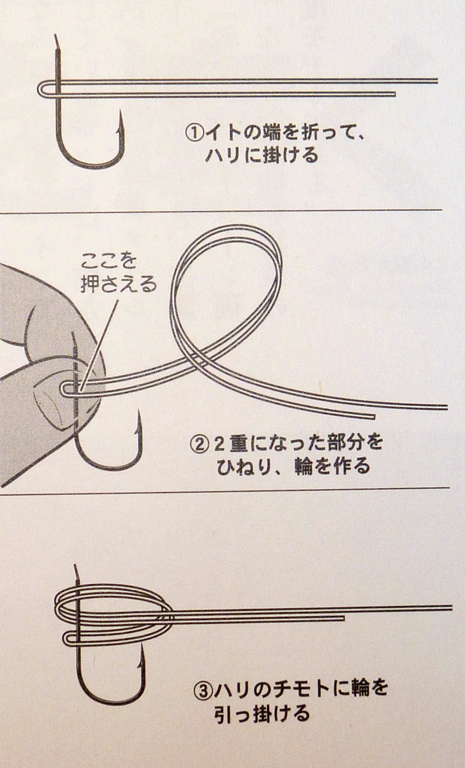 Illustration showing simple method of snelling a hook. Steps explained in text below.