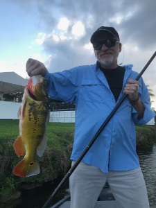 Man holding Peacock Bass and Flying Dragon