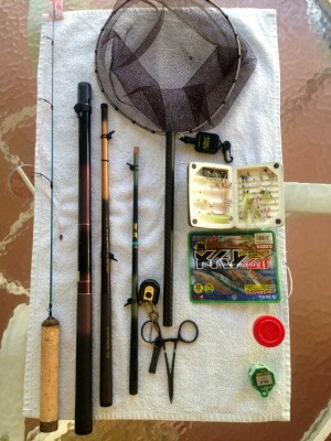 Rods, net, tools, flies, artificial baits