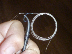 Hook held in clamps, coil of horsehair tied to the hook.