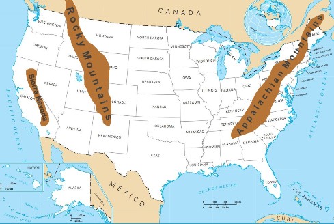 Map of USA showing Sierras, Rockies and Appalachian mountain ranges.