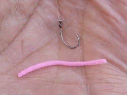 Angler holding short piece of pink chenille and a Wide Eyed Hook