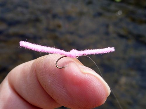 Finished fly, with knot in chenille tightened around the hook, lightly stuck in angler's finger.