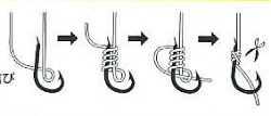 Illustration showing how to snell a hook. 
Steps explained in text below.