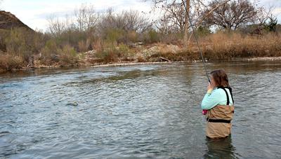 The South Llano River Offers Excellent Tenkara and Keiryu Angling. Here Robin does good work with her Suntech Field Master.