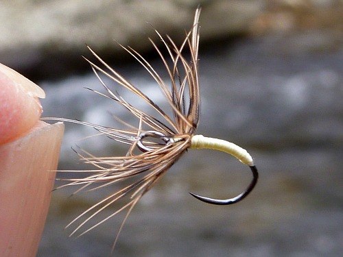 Tenkara fly tied on a Wide Eyed Hook, showing the huge eye.