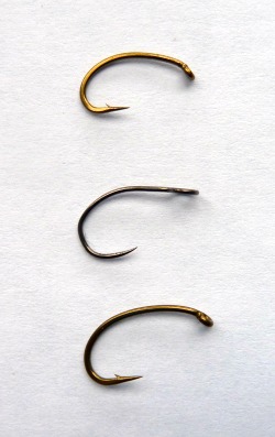 Three hooks for size comparison. Size 14 scud hook, Wide Eyed hook and size 12 scud hook.