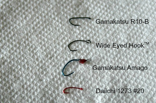 Comparison of four hooks: Gamakatsu R10-B, Wide Eyed Hook, Gamakatsu Amago and Daiichi 1273 size 20.