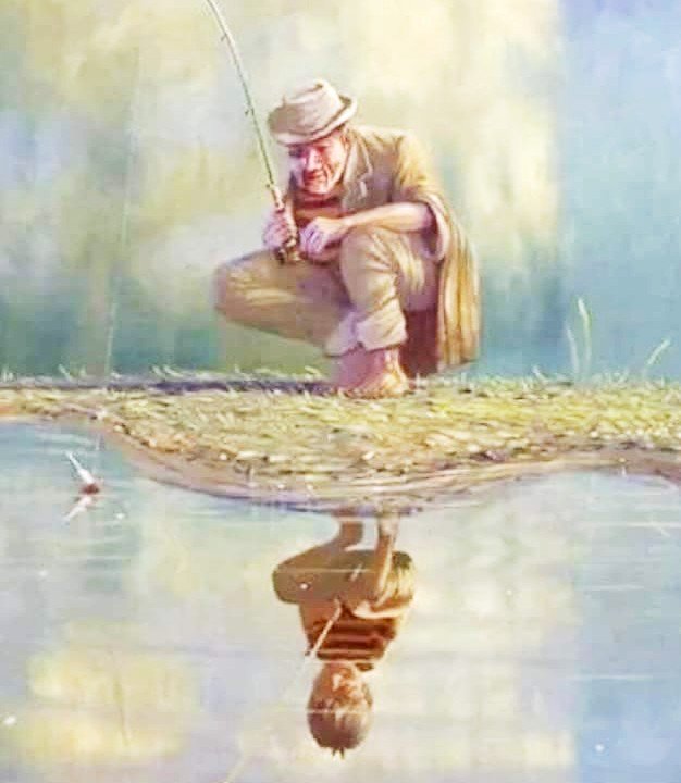 Young boy as reflection of old man fishing.