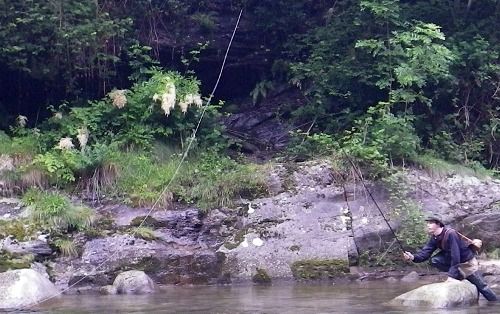 Angler fishing with long rod and horsehair line.