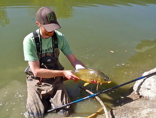 Angler holding carp and Daiwa Kiyose 53MF