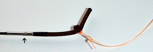 Daiwa Enshou Tenkara rod tip showing micro swivel, lillian and tenkara line attached to lillian.