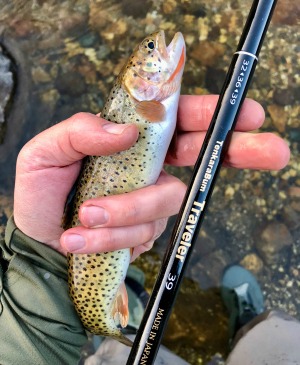 Angler holding cutthroat trout and TenkaraBum Traveler 39