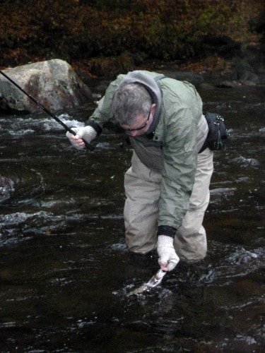 Angler landing fish caught with Overhand Worm