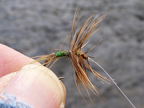 Angler holding ugly, disheveled fly, with river water in background