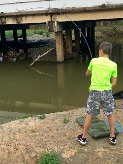 Child fighting a carp with a Nissin Kyogi