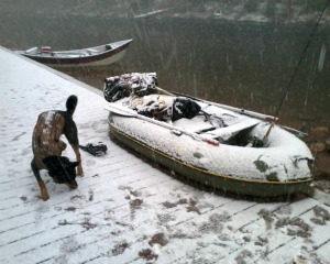 Snowy boat ramp and Erik's dog