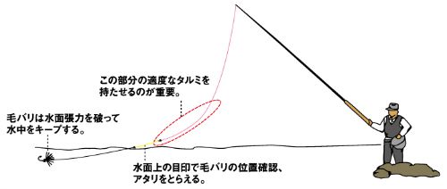 Slide: Illustation of a tenkara angler showing line sagging from gravity