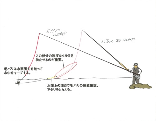 Illustration comparing line angle of keiryu and tenkara rods