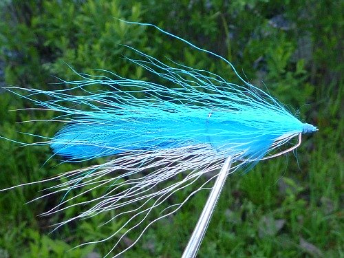 Lefty's Deceiver, tied blue over white, on an offset worm hook so that it swims hook point up